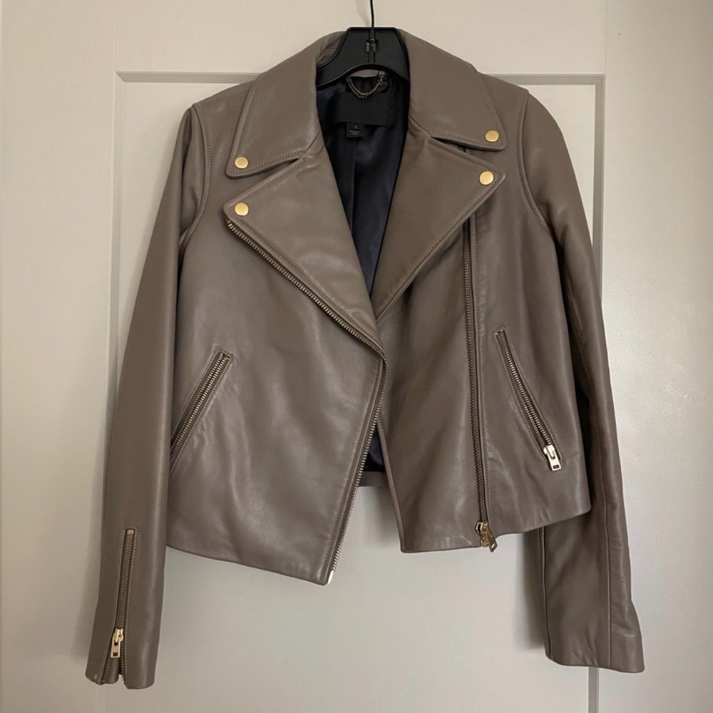 J. Crew Taupe Leather Moto Jacket with Gold Hardware